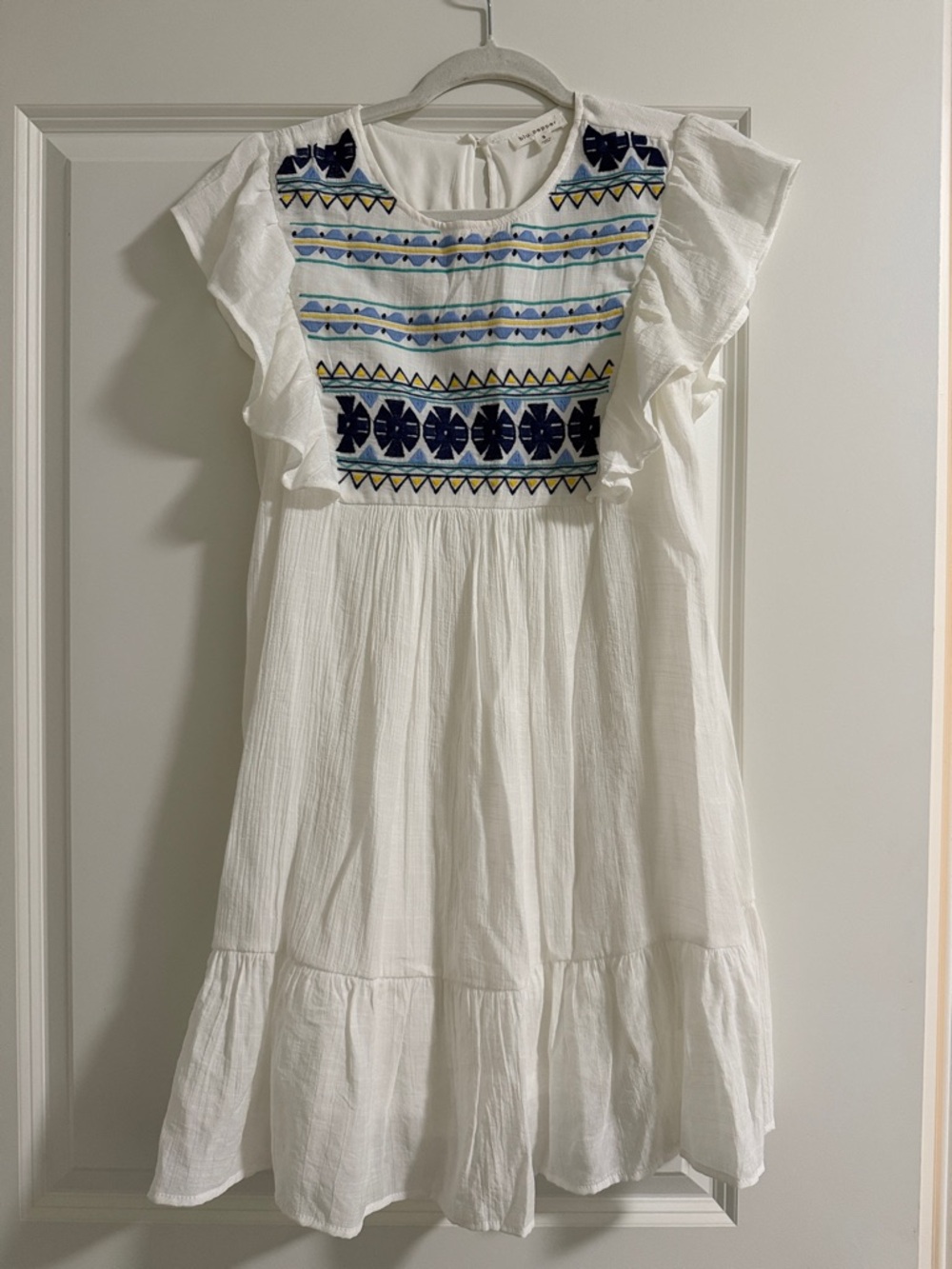 Blu pepper White Embroidered Flutter Sleeve MiniDress with Blue & Yellow Accents